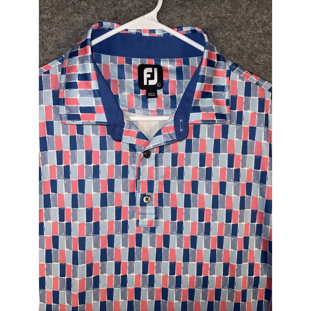 FootJoy Men's Golf Shirt Circle Print Tile Lisle Blue Pink‎ FJ Logo Size Large